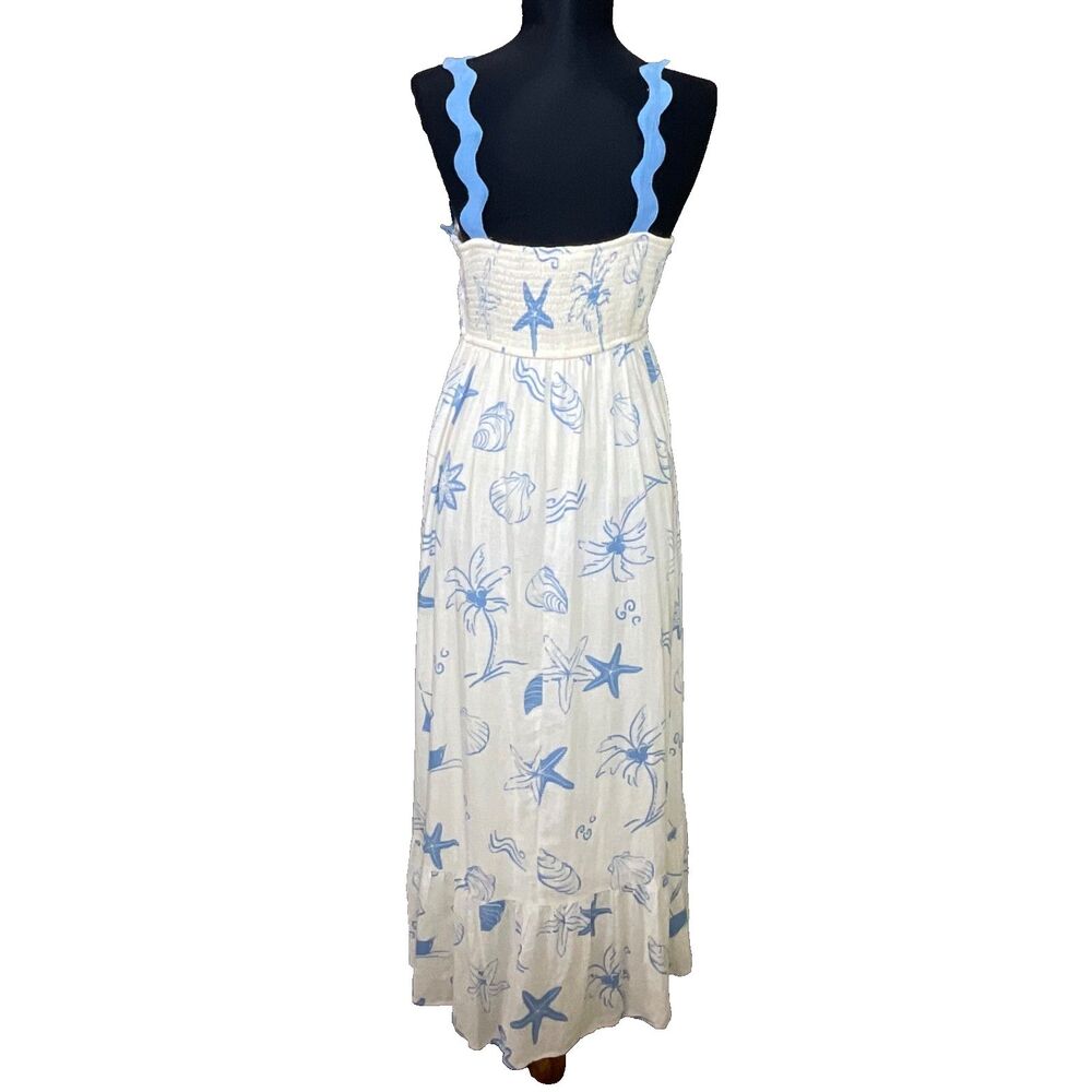 Anthropologie By The River Tiered Midi Dress Size Small Blue shells white smock - Picture 3 of 11